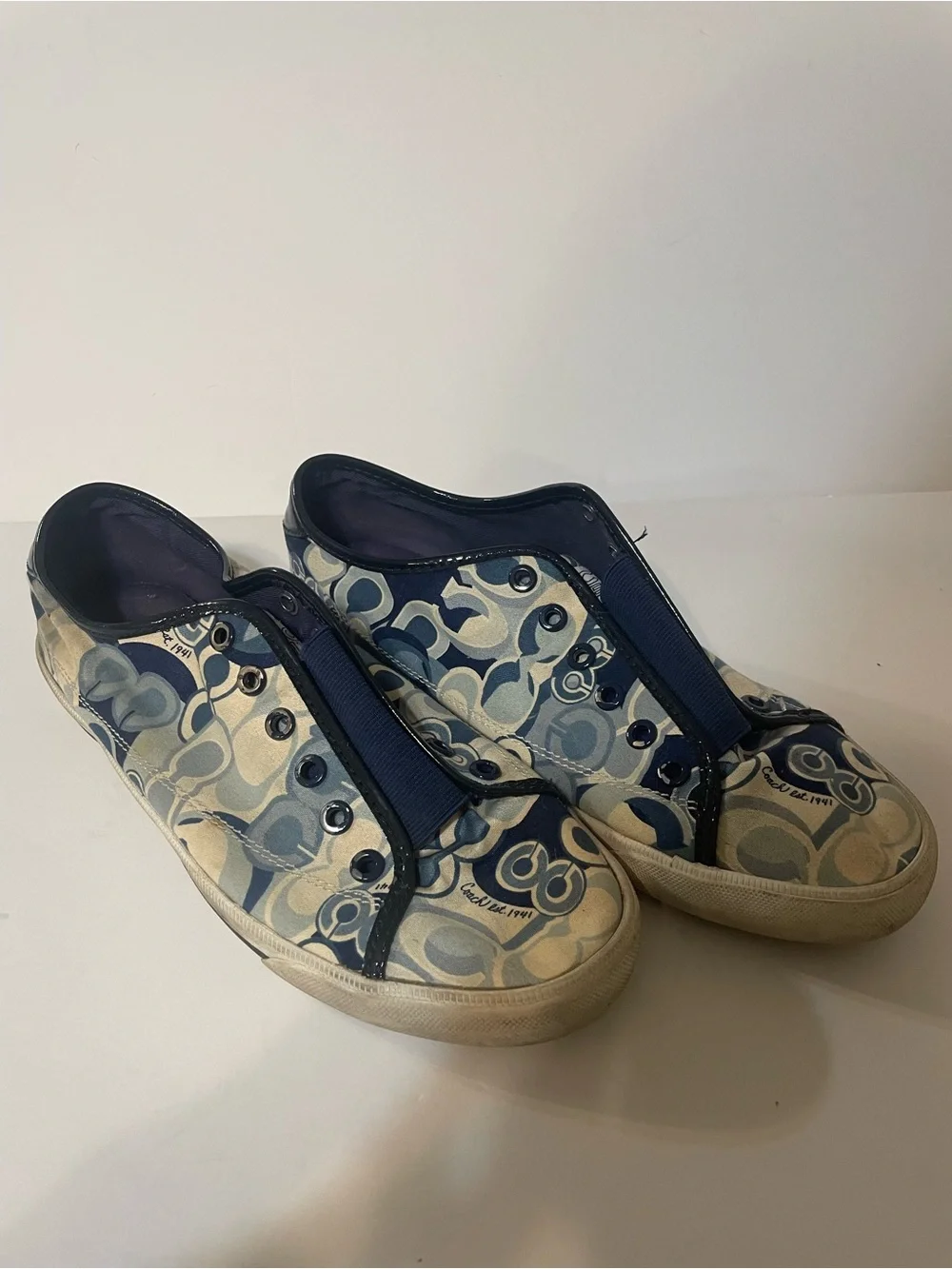 Coach Barrett Shoes Womens 10 Navy Blue Signature C Pattern Sneaker Slip On